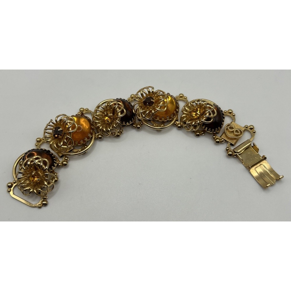 Vintage Chunky Gold Tone Brown & Orange‎ Glass Dogtooth Elegant Flower Bracelet